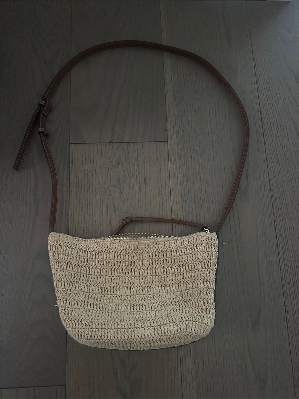 Zara Cream Woven Crossbody with Brown Strap